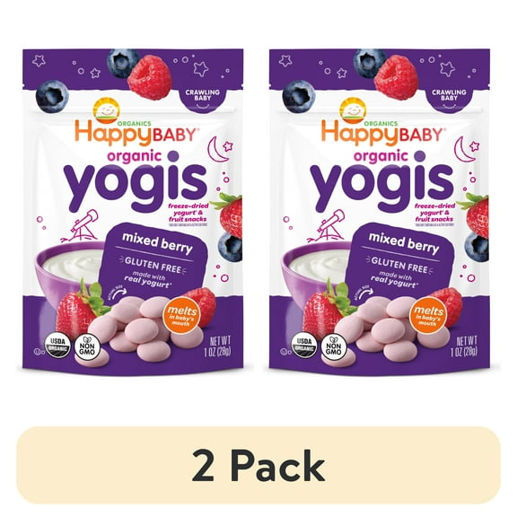 (2 pack) Happy Baby Organics Yogis, Mixed Berry & Yogurt Organic Freeze-Dried Baby Snack, 1 oz Bag
