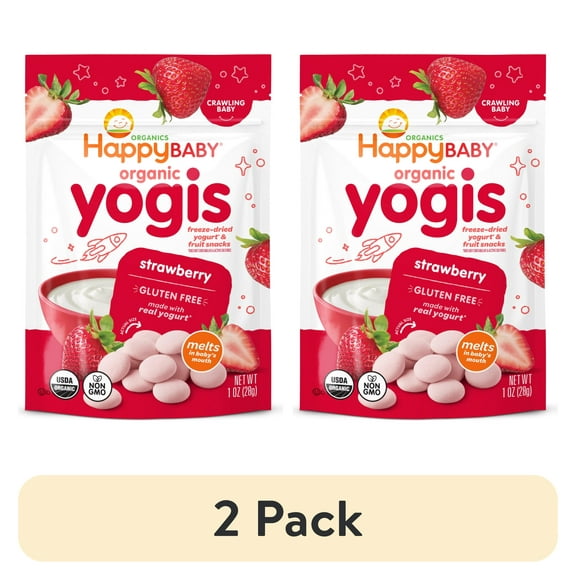 (2 pack) Happy Baby Organics Yogis, Strawberry & Yogurt Organic Freeze-Dried Baby Snack, 1 oz Bag
