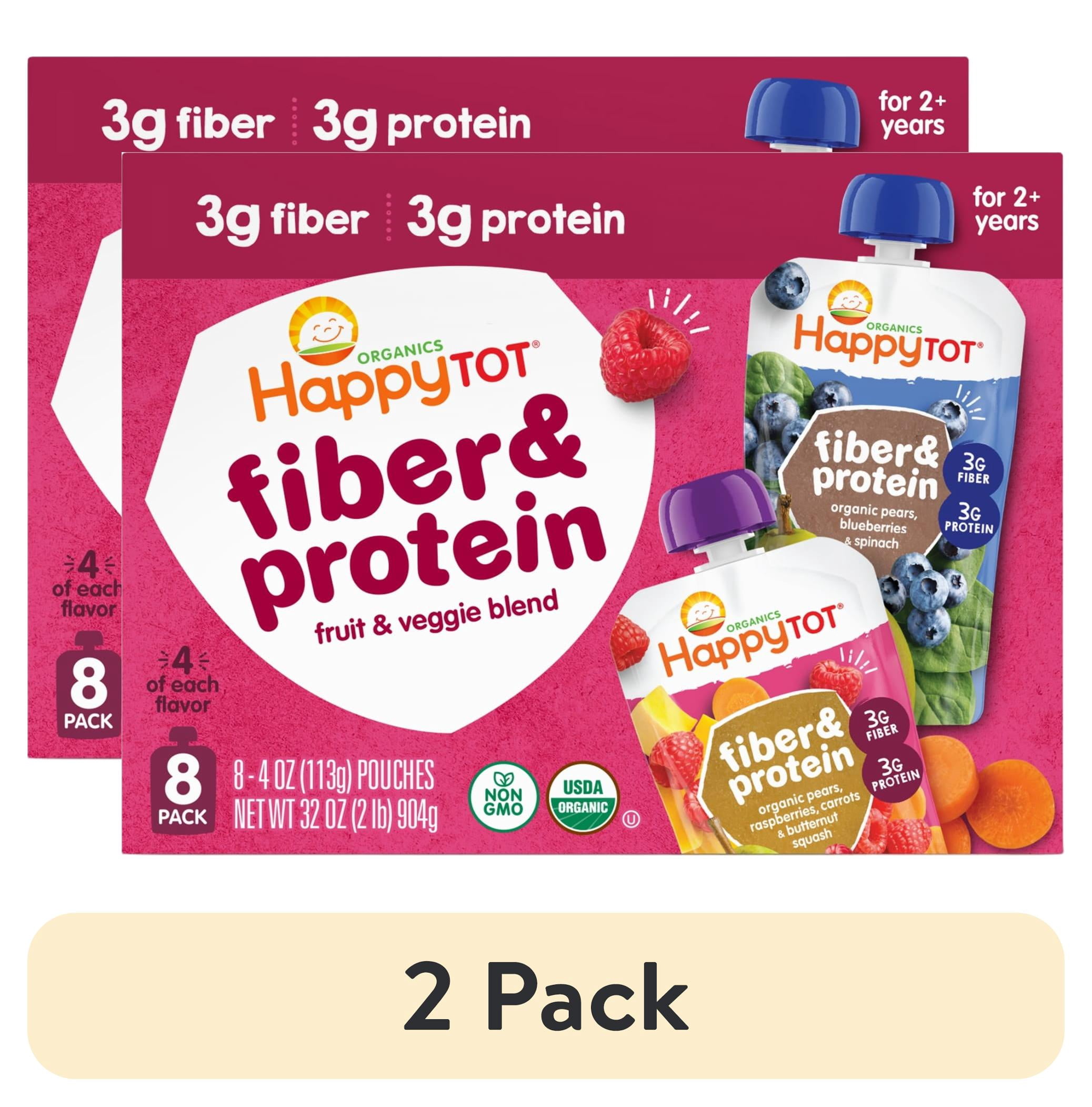 (2 pack) Happy Tot Organics Fiber & Protein Stage 4, 2-Flavor Variety Pack Organic Tot Food, 4 oz (8 Pouches)