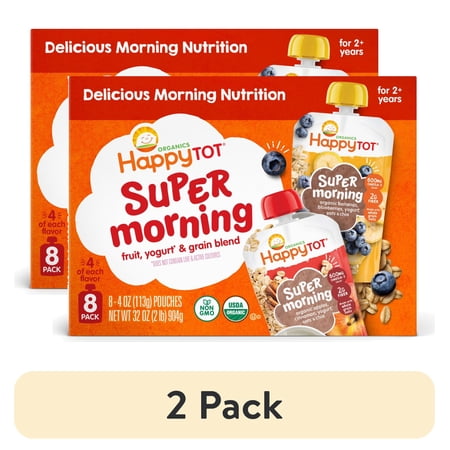 (2 pack) Happy Tot Organics Super Morning Stage 4, 2-Flavor Variety Pack Organic Tot Food, 4 oz (8 Pouches)