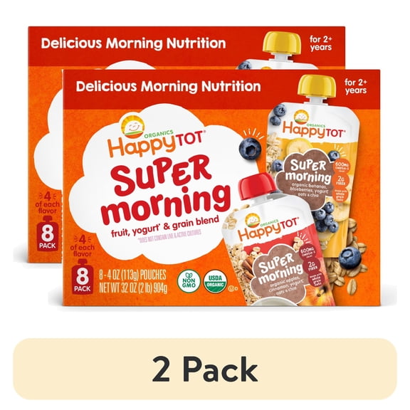 (2 pack) Happy Tot Organics Super Morning Stage 4, 2-Flavor Variety Pack Organic Tot Food, 4 oz (8 Pouches)