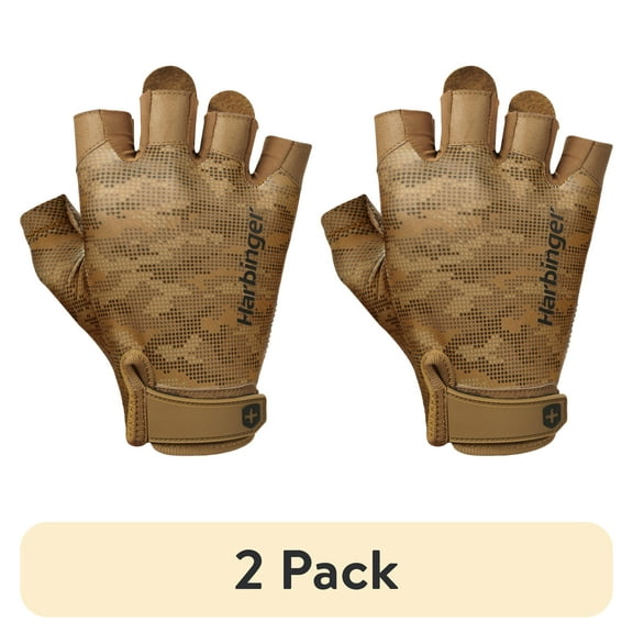 (2 pack) Harbinger Padded Leather Tan Camo Weight Lifting Gloves, XL