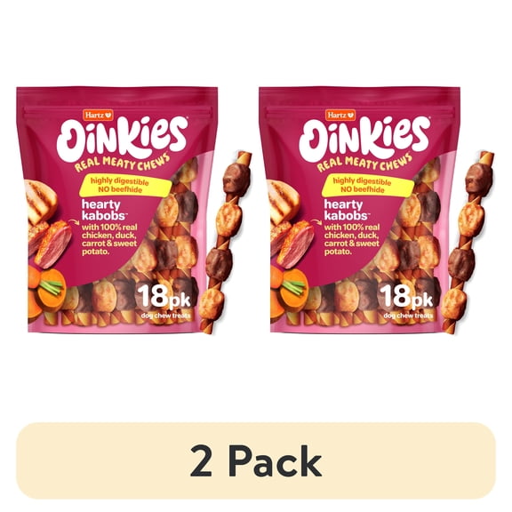 (2 pack) Hartz Oinkies Hearty Kabobs Rawhide‑Free Dog Treats with Chicken, Duck, Sweet Potato, and Carrot, Highly Digestible Dog Chews, 18 Count