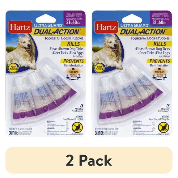 (2 pack) Hartz UltraGuard Dual Action Flea and Tick Topical for Dogs, Large, 31-60lbs, 3 Doses