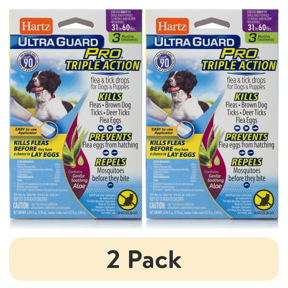 (2 pack) Hartz UltraGuard Pro with Aloe Flea & Tick Drops for Dogs 31-60 lbs, 3 Monthly Treatments