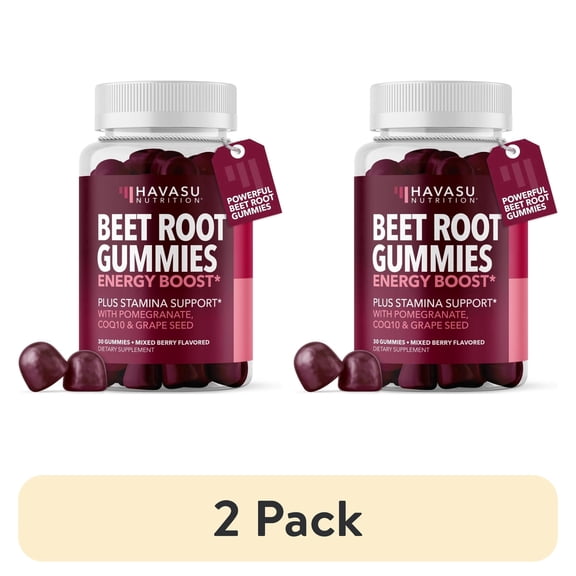 (2 pack) Havasu Nutrition Beet Root Gummies with COQ10, Pomegranate & Grape Seed, Energy & Stamina Support, Mixed Berry, 30 Count