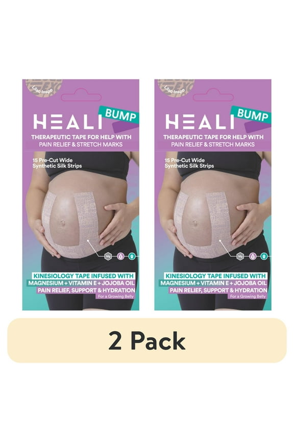 (2 pack) Heali Bump Belly Kinesiology Tape for Pregnancy and Maternity With Magnesium, Jojoba Oil, Vitamin E, 15 Precut 2x10 Inch Strips