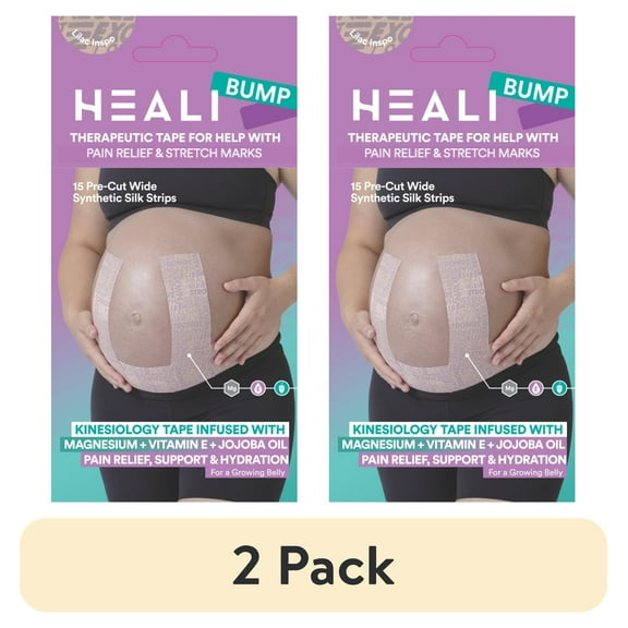(2 pack) Heali Bump Belly Kinesiology Tape for Pregnancy and Maternity With Magnesium, Jojoba Oil, Vitamin E, 15 Precut 2x10 Inch Strips
