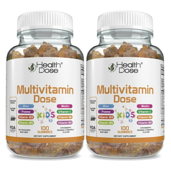(2 pack) Health Dose Multivitamin Dose Children 100 Gummies, Vitamins A, B3, B5, B6, B12, Gluten Free Vegetarian Friendly.