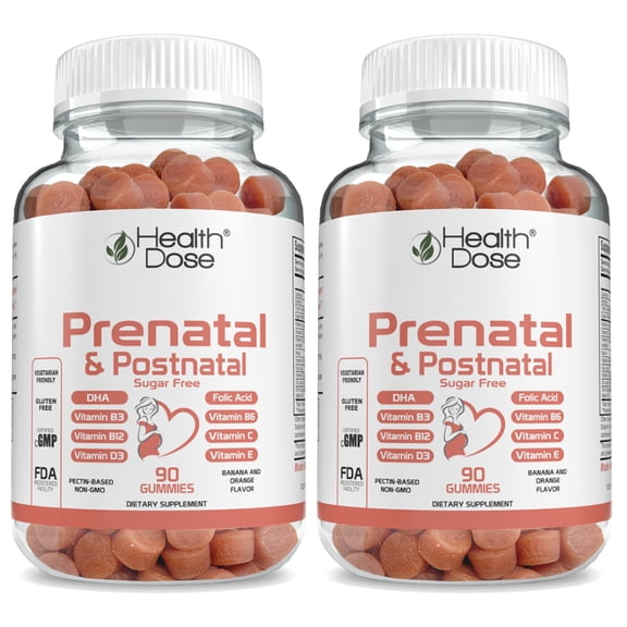 (2 pack) Health Dose Prenatal & Postnatal Vitamins DHA & Folic Acid, Gluten & Sugar-Free, Vitamin B6, B12, C + Zinc 90 Gummies.