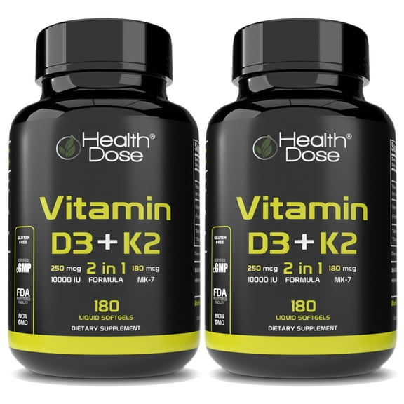(2 pack) Health Dose Vitamin D3 + K2 10.000 IU With K2 MK-7 with D3 Vitamin Supplement, 2 in 1 Immune Support, Heart, Joint, Teeth & Bone Health 180 Softgels.