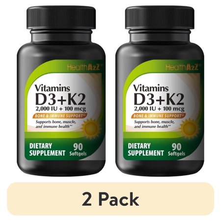 (2 pack) HealthA2Z Vitamin D3 + K2 | 2000 IU + 100 mcg | 90 Easy-to-Swallow Softgels | Clean Label, No Dyes | Bone, Muscle & Immune Support