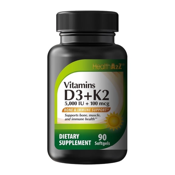 (2 pack) HealthA2Z Vitamin D3 + K2 | 5000 IU + 100 mcg | 90 Easy-to-Swallow Softgels | Clean Label, No Dyes | Bone, Muscle & Immune Support