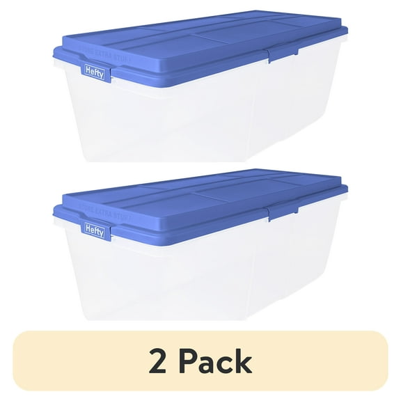 (2 pack) Hefty HI-RISE 113 Quart Large Latching Storage Bin, Clear Plastic Storage Container with Latch HI-RISE Lid, Blue