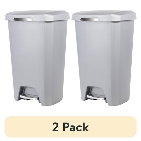 (2 pack) Hefty Kitchen Trash Can, 12.1 Gallon Plastic Step Garbage Bin with Soft Close Foot Pedal Lid, Gray