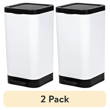(2 pack) Hefty Bathroom Trash Can, 2.6 Gallon Small Plastic Step Garbage Bucket Bin with Foot Pedal Lid, White