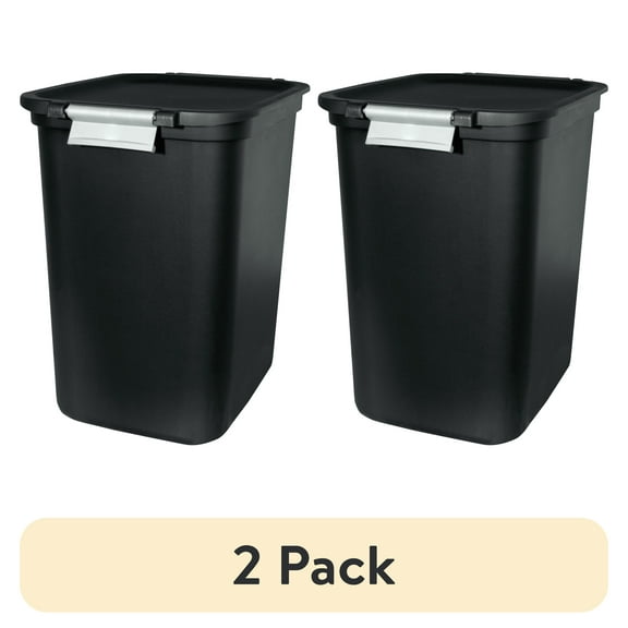 (2 pack) Hefty Kitchen Trash Can, 7.7 Gallon Plastic Lift Top Garbage Bucket Bin with Lid and Lock, Black