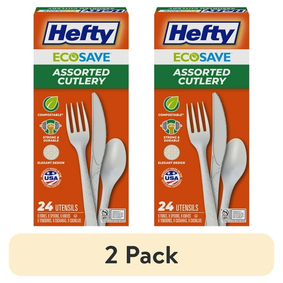 (2 pack) Hefty ECOSAVE Compostable Assorted Cutlery Set, 24 Count