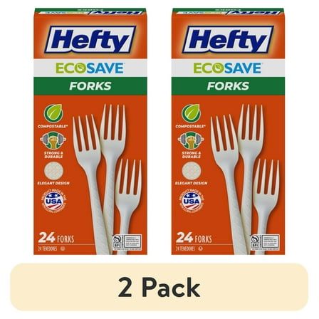 (2 pack) Hefty ECOSAVE Compostable Forks, Disposable Fork Set, 24 Count