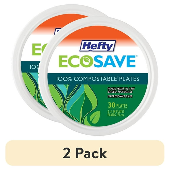 (2 pack) Hefty ECOSAVE Compostable Paper Plates, 6 3/4 inch, 30 Count