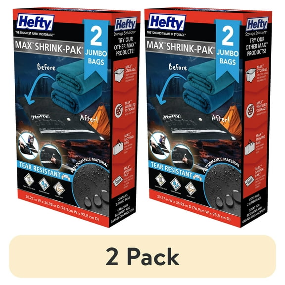 (2 pack) Hefty Max Shrink-Pak 2 Jumbo Vacuum Compression Bags, Closet Garage Organizers, Black, Adults / Tweens