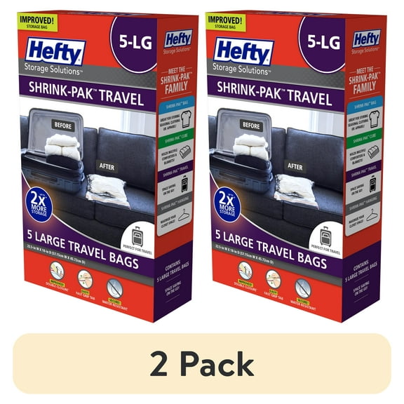 (2 pack) Hefty SHRINK-PAK 5 Large Rolled Compression Travel Bags, Travel Organization, Adults and Tweens