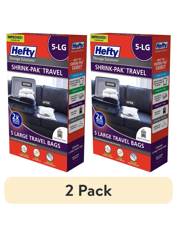 (2 pack) Hefty SHRINK-PAK 5 Large Rolled Compression Travel Bags, Travel Organization, Adults and Tweens