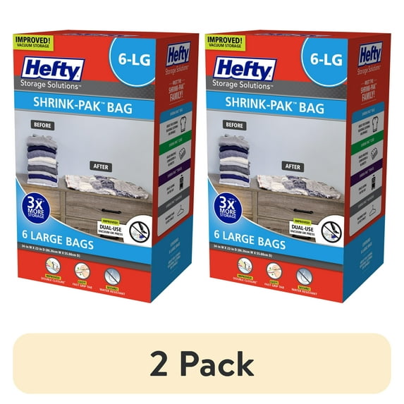 (2 pack) Hefty Shrink-Pak 6 Large Vacuum Compression Storage Bags, Closet Organizer, Adults and Tweens