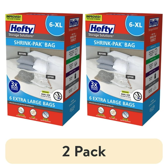 (2 pack) Hefty Shrink-Pak 6 Extra Large Vacuum Compression Storage Bags, Closet Organizers, Adults and Tweens