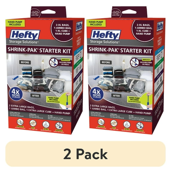 (2 pack) Hefty Shrink-Pak Starter Kit Multi-Sized Vacuum Compression Bags with Hand Pump, Closet Organizer, Adults and Tweens