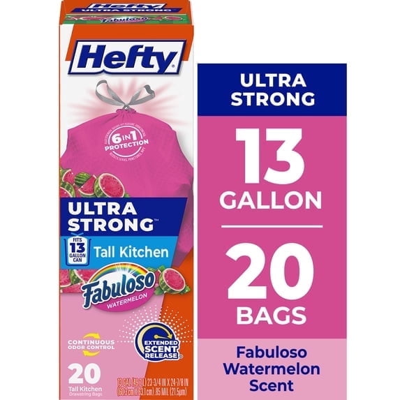 2 pack Hefty Ultra Strong 13 Gallon Trash Bags, Tall Kitchen Trash Bags, Pink, Fabuloso Watermelon Scent, 20 Bags