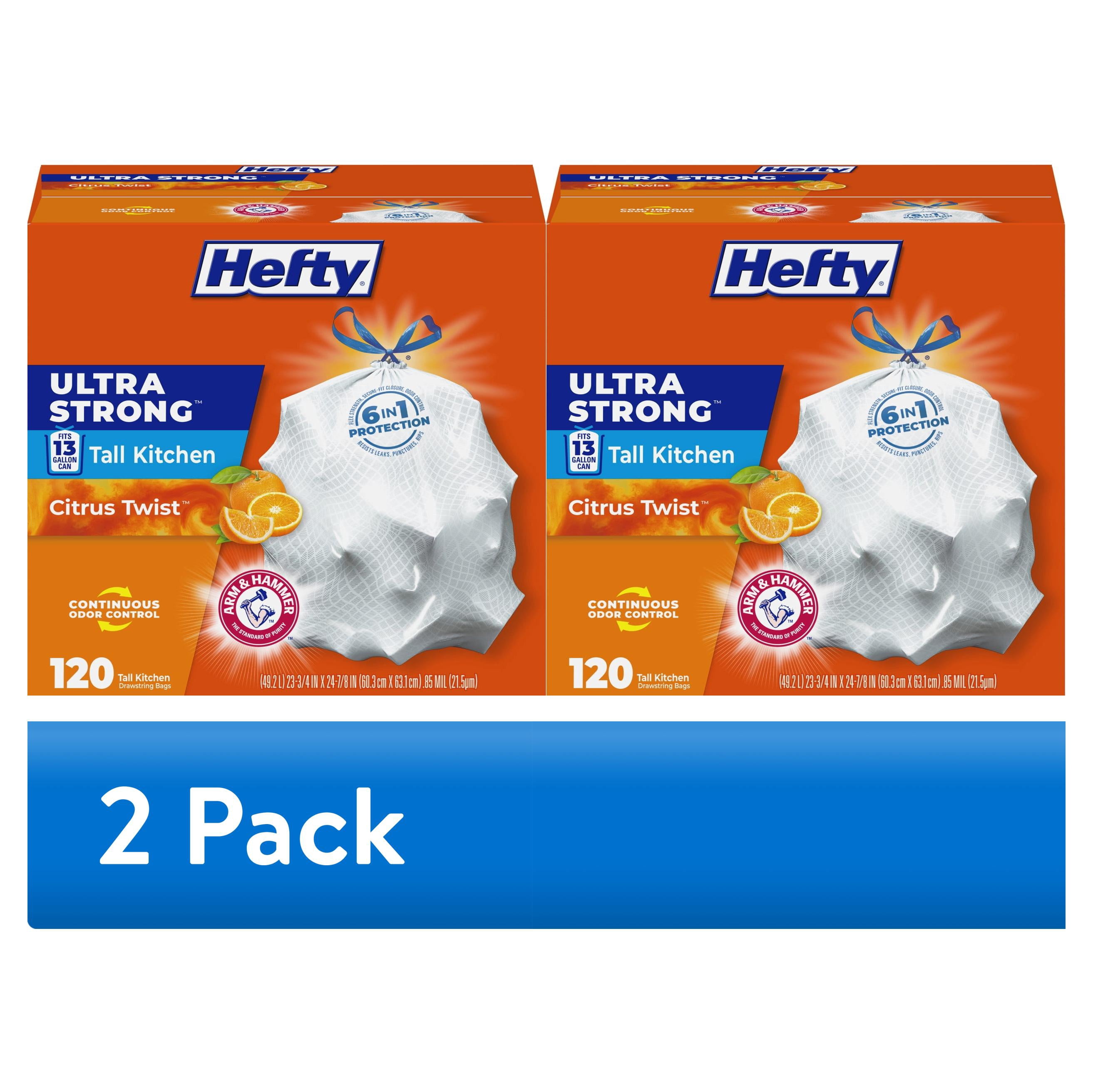 (2 pack) Hefty Ultra Strong 13 Gallon Trash Bags, Tall Kitchen Trash Bags, White, Citrus Twist, 120 Bags