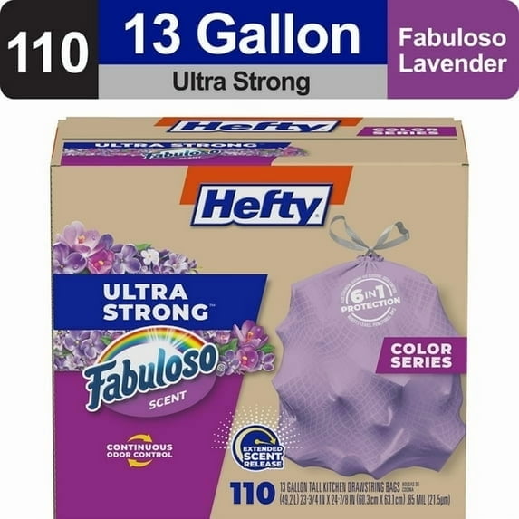 (2 pack) Hefty Ultra Strong 13 gallon Trash Bags, Tall Kitchen Trash Bags, Purple, Fabuloso Scent, 110 Bags