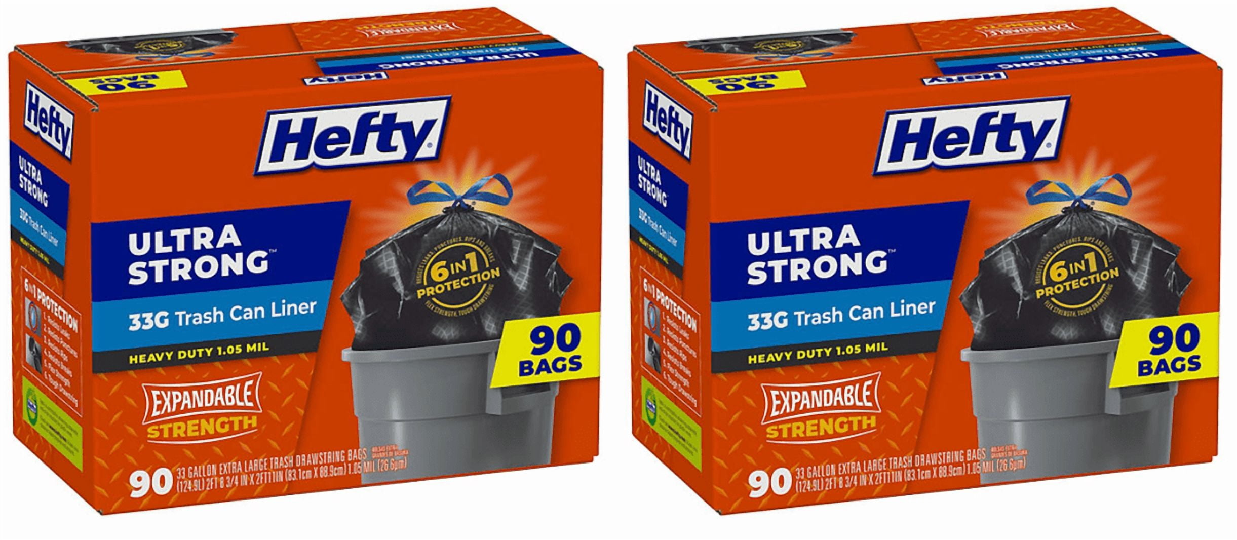 2 pack Hefty Ultra Strong Drawstring Trash Bags, Unscented 33 gal., 90 ct.