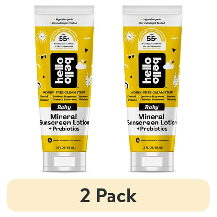 (2 pack) Hello Bello Baby Mineral SPF 55+ Sunscreen Lotion with Prebiotics for Infants, 3.0 fl oz