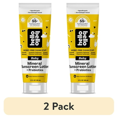 (2 pack) Hello Bello Baby Mineral SPF 55+ Sunscreen Lotion with Prebiotics for Infants, 3.0 fl oz