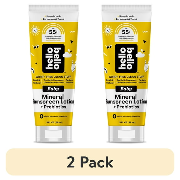 (2 pack) Hello Bello Baby Mineral SPF 55+ Sunscreen Lotion with Prebiotics for Infants, 3.0 fl oz
