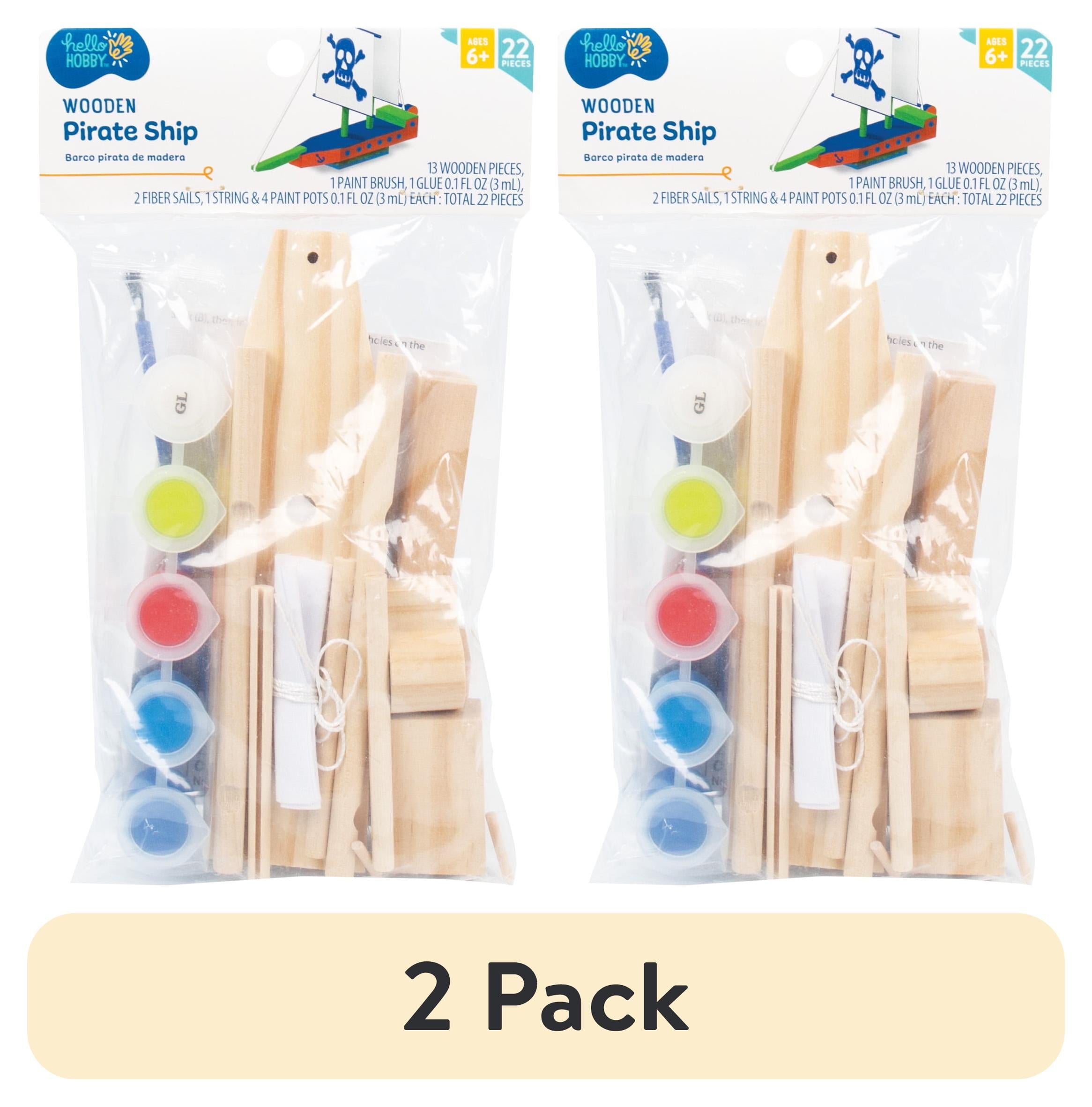 (2 pack) Hello Hobby Build Your Own Wooden Pirate Ship Art & Craft Kit, 22 Pieces, Ages 6+