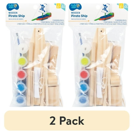 (2 pack) Hello Hobby Build Your Own Wooden Pirate Ship Art & Craft Kit, 22 Pieces, Ages 6+
