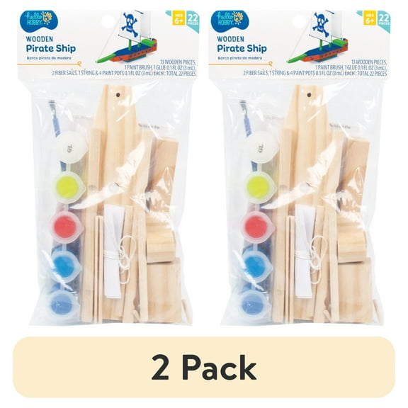 (2 pack) Hello Hobby Build Your Own Wooden Pirate Ship, 22 Pieces, Art & Craft Kit, Boys and Girls, Child, Ages 6+
