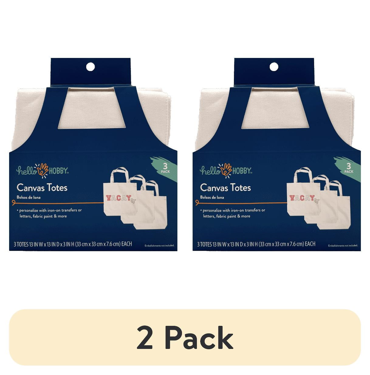 (2 pack) Hello Hobby, Large White Canvas Tote Bag With Strap, 3-Pack, 13.5” x 13.5” x 3.5”