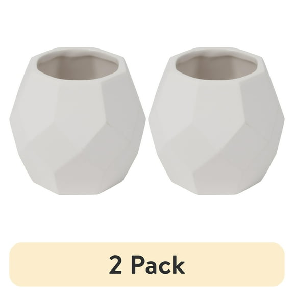 (2 pack) Hello Hobby Paintable Small Ceramic Geometric Planter, White