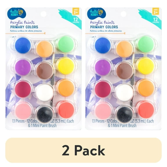 (2 pack) Hello Hobby Primary Colors Acrylic Paints & Paintbrush