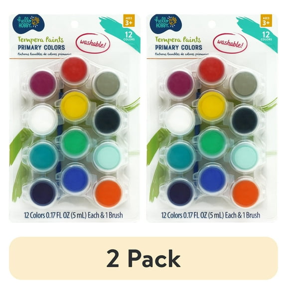 (2 pack) Hello Hobby Washable Primary Colors Tempera Paints & Mini Paintbrush, 12 Colors