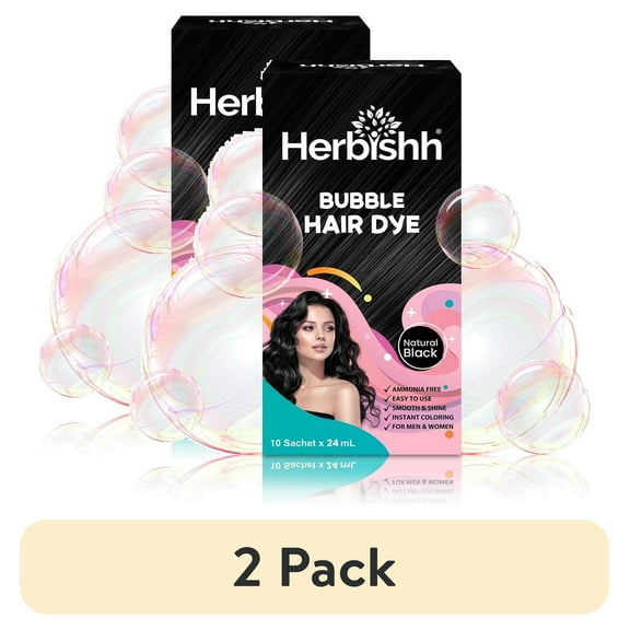 (2 pack) Herbishh 3-in-1 Bubble Foam Hair Dye Shampoo, Black, 10 Sachets x 24ml, Ammonia-Free, Long-Lasting Color for Men & Women