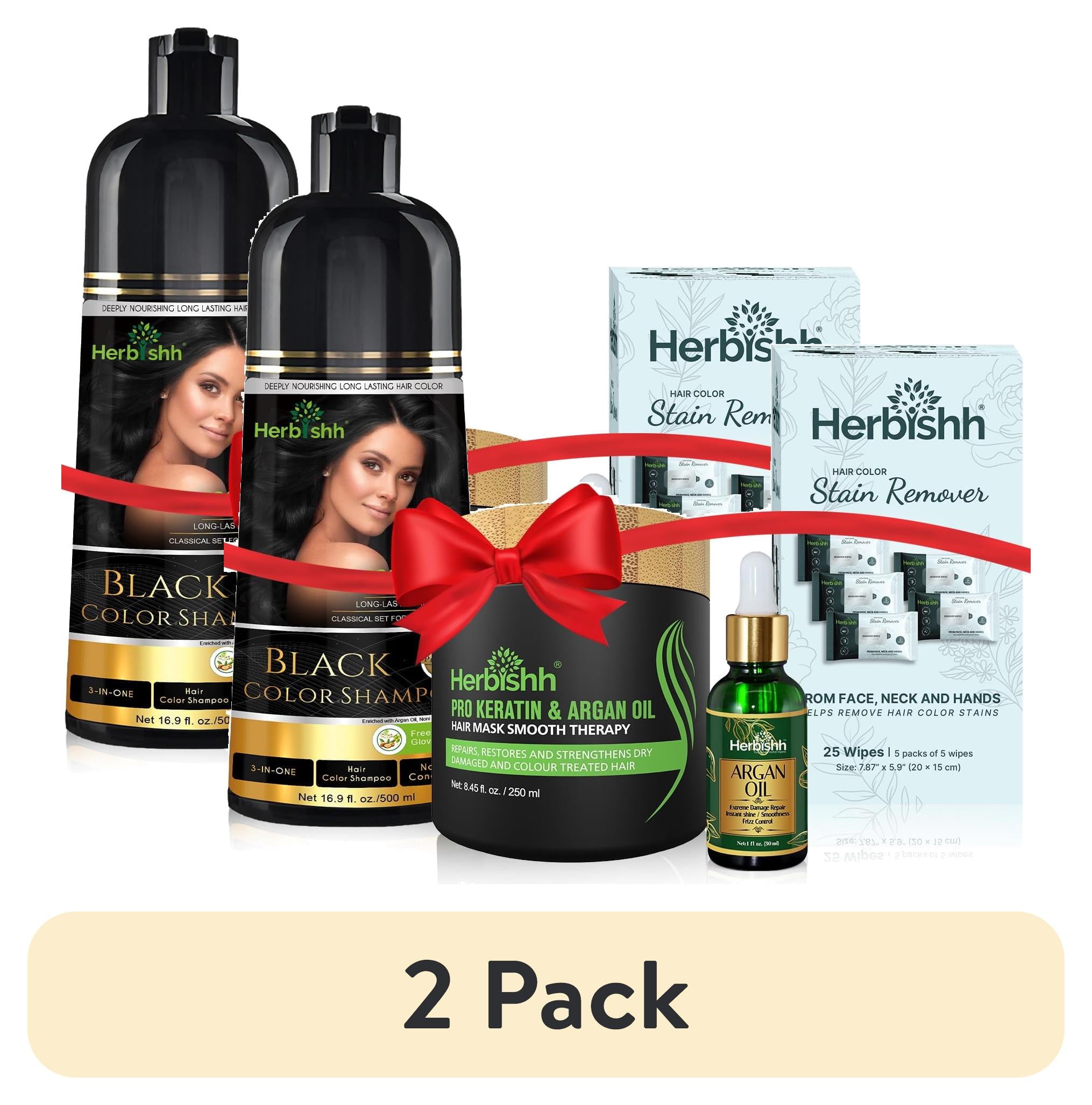 (2 pack) Herbishh 4-in-1 Hair Care Gift Set – Black Hair Dye Shampoo, Argan Oil Hair Mask, Hair Oil & Stain Remover Wipes – For Men & Women – Ideal Gift for Parents, Birthdays & Holidays