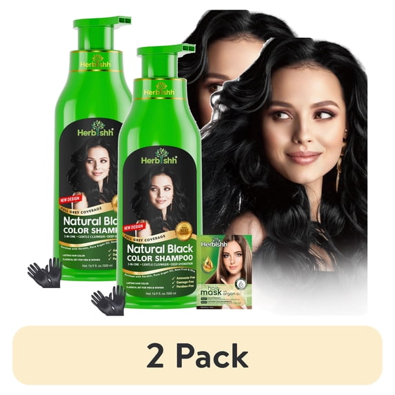 (2 pack) Herbishh Black Color Shampoo for Gray Hair, Permanent, Men & Women (500 ml)