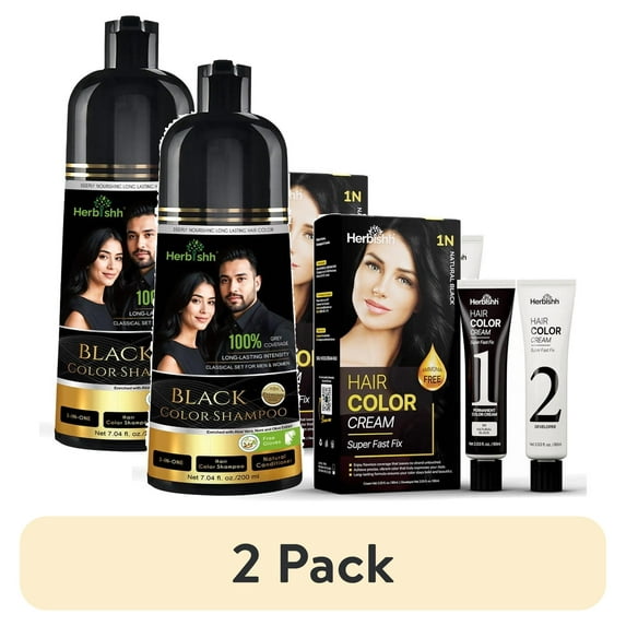 (2 pack) Herbishh Black Shampoo, Hair Dye Shampoo 3 in 1, 100% Grey Coverage, Demi-Permanent Hair Color for Men & Women, With Rapid Infusion Cream Combo