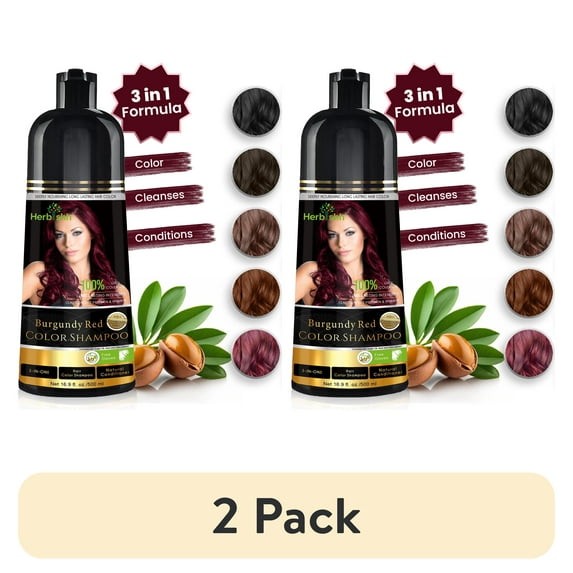 (2 pack) Herbishh Burgundy Hair Color Shampoo for Gray Hair with Pack 2 Hair colour stain remover, Hair Dye Shampoo 3 in 1, 100% Gray Coverage, Permanent Hair Color for Men & Women, Ammonia-free, 500 ml
