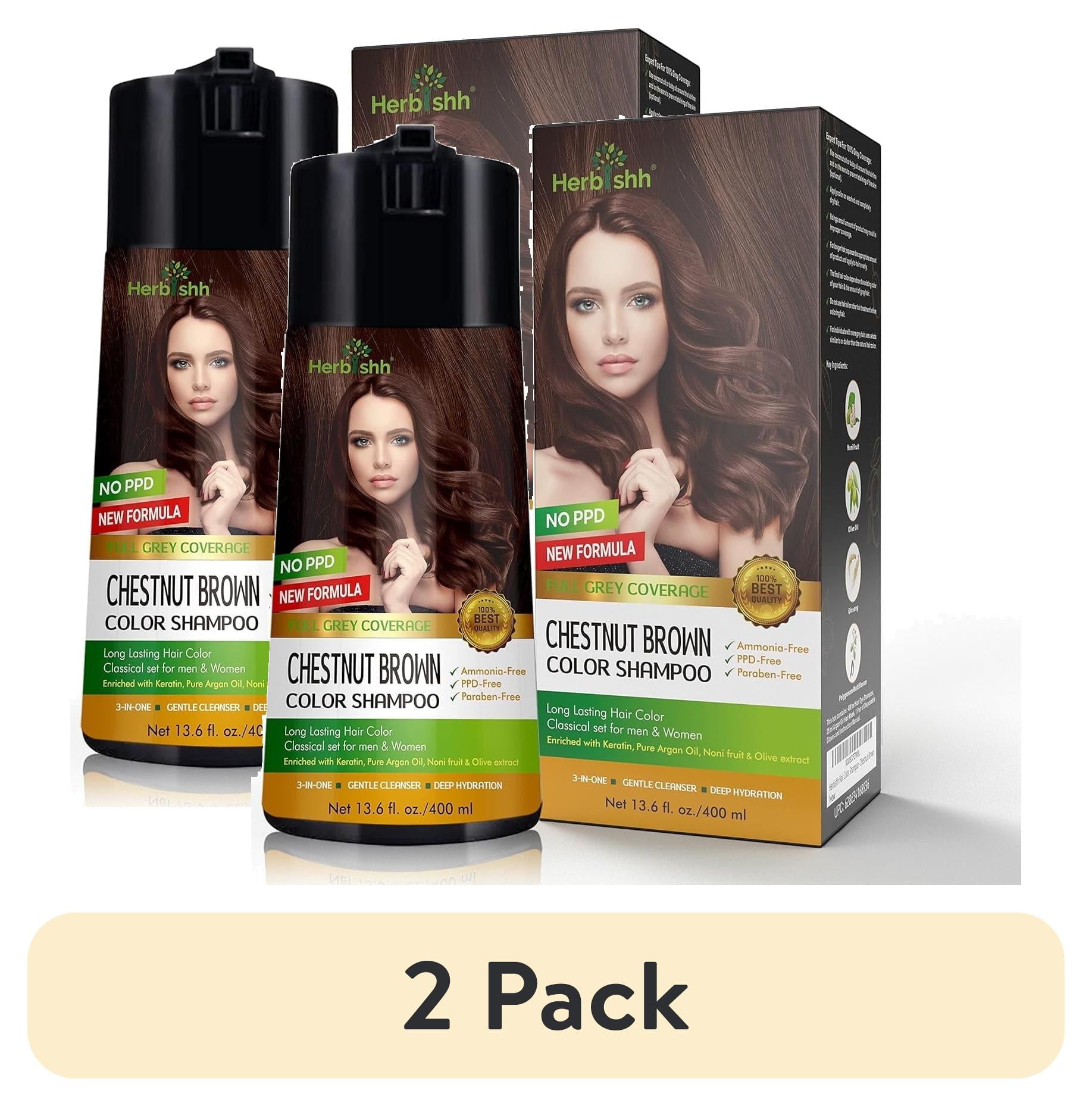 (2 pack) Herbishh Chestnut Brown PPD-Free Hair Color Shampoo for Gray Hair, Hair Dye Shampoo 3 in 1, 100% Gray Coverage, Permanent Hair Color for Men & Women, Ammonia-free, 400 ml